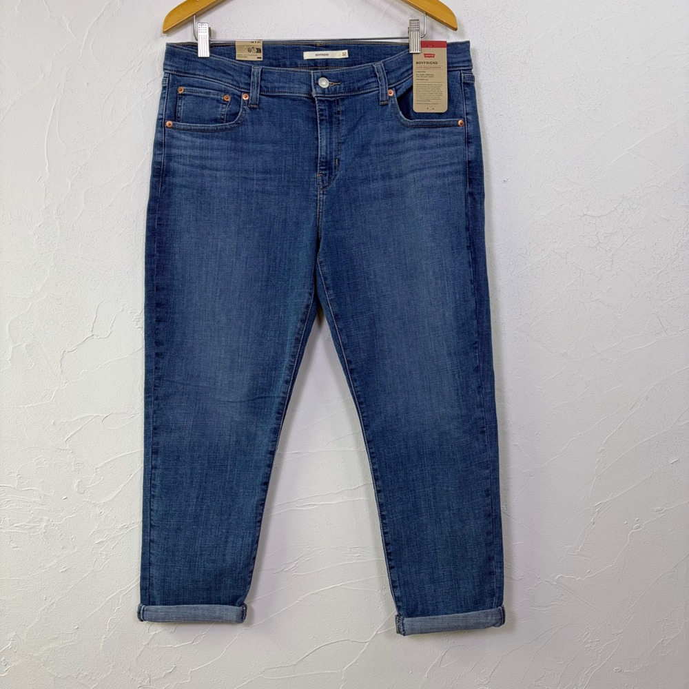 Levis Boyfriend Jeans Womens Size 32 Stellar Stretch Mid Rise Tapered Leg Denim
